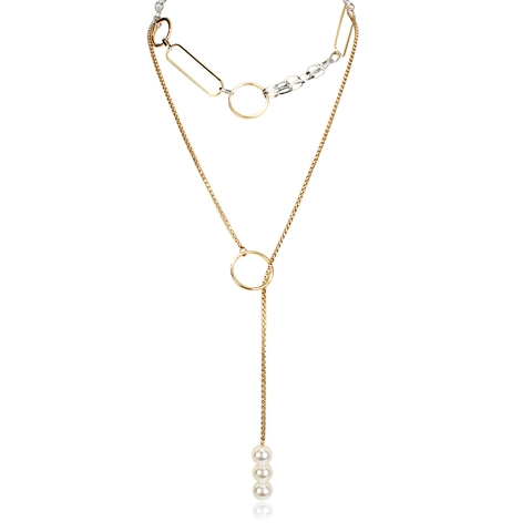 Fashion Layered Aluminum Y-Necklace With Mixed Gold Silver Tone Metal Ring And Artificial Pearl Pendant For Women Daily Jewelry