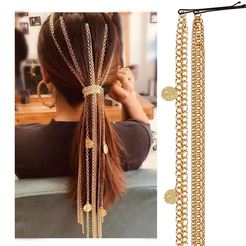 Böhmische Gold Aluminium Quaste Haarkette Mit Retro Münzanhänger Mehrlagige Lange Metall Fransen Haarklammer Für Damen Schmuck