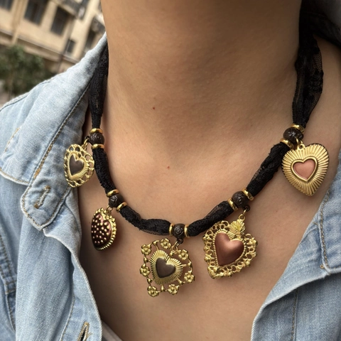 Vintage Baroque Stainless Steel Heart Multi-Pendant Necklace For Women Black Lace Retro Gold Plated Enamel Choker Jewelry
