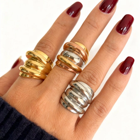 Wasserdichter Edelstahl Mehrschichtiger Wickelring Für Damen 18K Vergoldet Minimalistisches Breites Band Stapelbarer Statement Ring