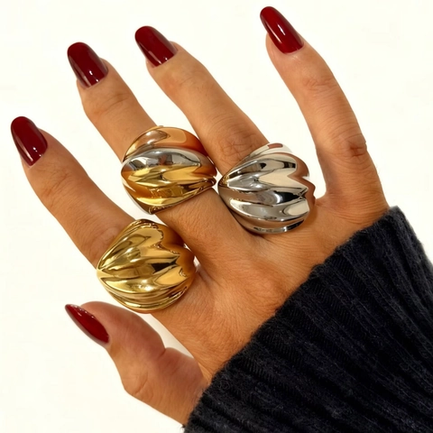 Anillo Ancho de Acero Inoxidable Minimalista con Rayas Oblicuas Bicolor para Mujer Impermeable Chunky Twisted Dome Ring Joyería de Moda