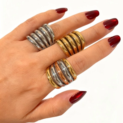 Modern Stainless Steel Multi Layer Hollow Ring For Women Minimalist Geometric Thread Wide Band Ring Fashion Jewelry Finger Ring