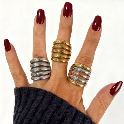 Modern Stainless Steel Multi Layer Hollow Ring For Women Minimalist Geometric Thread Wide Band Ring Fashion Jewelry Finger Ring