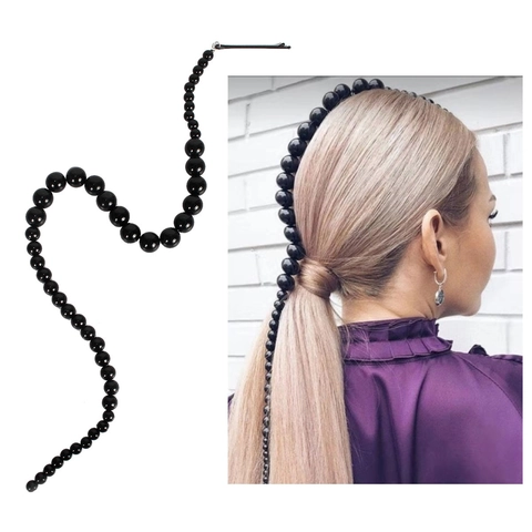 Damen Schwarz ABS Künstliche Perlenimitat Haarkette Verlauf Künstliche Perlenfransen Mit Metall Haarclip Ponytail Haar Zubehör