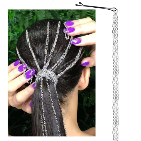 Aluminum Tassel Hair Chain With Bobby Clip Silver Long Fringe Wig Extension Headband For Women Fashion Daily Jewelry
