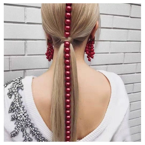 Chaîne à Cheveux Vintage en Künstliche Perles d'Imitation Rouge Vin Long Gland Pince à Cheveux Alliage Perlé Bijoux de Tête Femmes