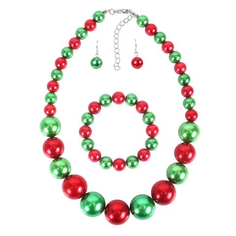 Red Green Artificial Pearl Necklace Bracelet Earrings Jewelry Set Women Statement ABS Beads Christmas Party Accessory