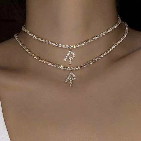 Alloy Rhinestone Inlaid 26 English Alphabet Initial Pendant Tennis Necklace For Women Hip Hop Fashion Jewelry Gold Silver