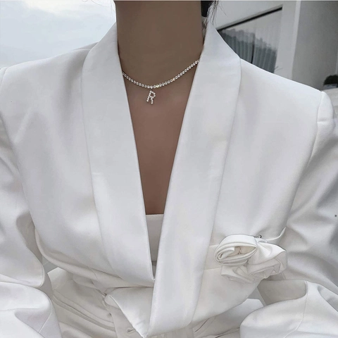 Alloy Rhinestone Inlaid 26 English Alphabet Initial Pendant Tennis Necklace For Women Hip Hop Fashion Jewelry Gold Silver