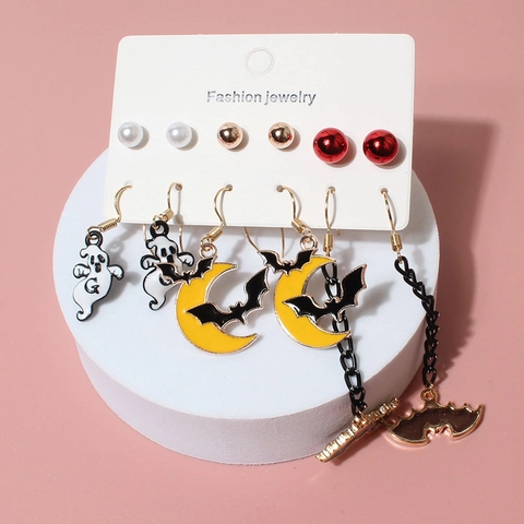 Halloween Earrings Alloy Cartoon Pumpkin Ghost Bat Cat Lip Drip Oil Studs And Drop Earrings Women Festive Party Jewelry