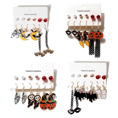 Halloween Earrings Alloy Cartoon Pumpkin Ghost Bat Cat Lip Drip Oil Studs And Drop Earrings Women Festive Party Jewelry