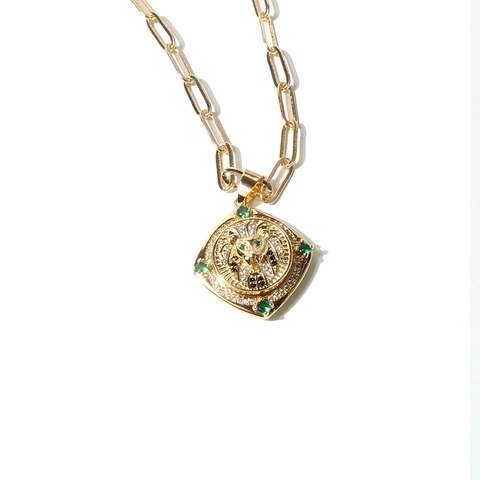 Collier Pendentif Léopard Lion Signe Dollar en Cuivre Plaqué Or Zirconium Chaîne Trombone Bijoux de Mode Hip Hop Femme
