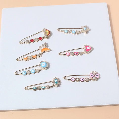 Mode Legierung Strass Böser Blick Sicherheitsnadel Brosche Für Damen Vergoldet Emaille Herz Stern Schmetterling Kleidung Zubehör