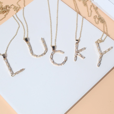 Gold Plated Copper Baguette Zirconia Initial Letter Pendant Necklace Minimalist Alphabet Jewelry For Women Fashion Accessory