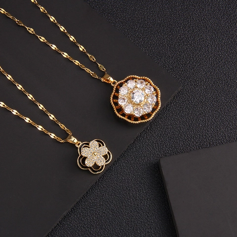 Rotating Flower Heart Key Pendant Necklace Micro Inlaid Zircon Titanium Steel Chain Jewelry For Women Elegant Jewelry Gift
