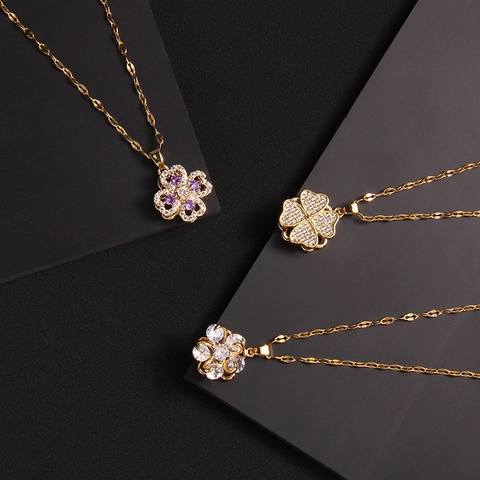 Collar de Trébol de Cuatro Hojas Giratorio de Acero de Titanio con Diamantes de Imitación Incrustados Colgante de Flor de la Suerte Joyería de Moda Elegante para Mujer