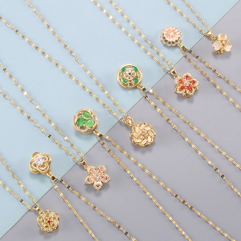 Elegant Rotating Flower Pendant Necklace Women Light Luxury Titanium Steel Gold Chain Zircon Inlaid Niche Design Jewelry