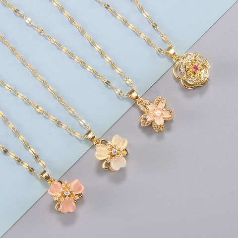 Elegant Rotating Flower Pendant Necklace Women Light Luxury Titanium Steel Gold Chain Zircon Inlaid Niche Design Jewelry