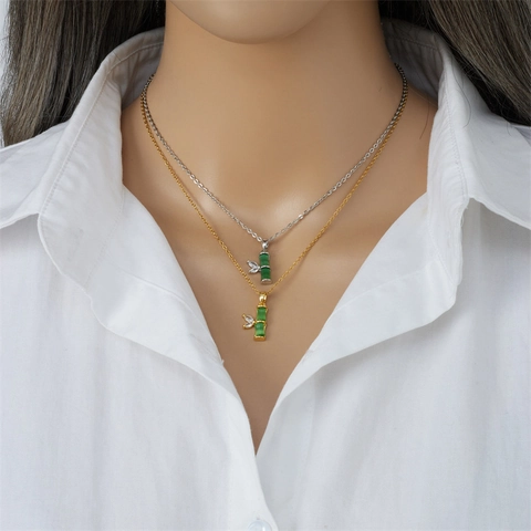 Vintage Bamboo Joint Pendant Necklace Copper Gold Silver Plated Synthetic Cat's Eye Cubic Zirconia Jewelry Gift For Women