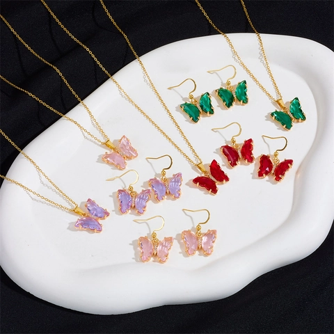 Elegante Juego de Joyas de Cobre Mariposa de Strass Colorido Collar Pendientes Bañado en Oro Forest Fantasy Choker para Mujer