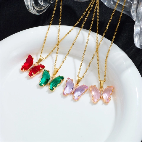 Elegante Juego de Joyas de Cobre Mariposa de Strass Colorido Collar Pendientes Bañado en Oro Forest Fantasy Choker para Mujer