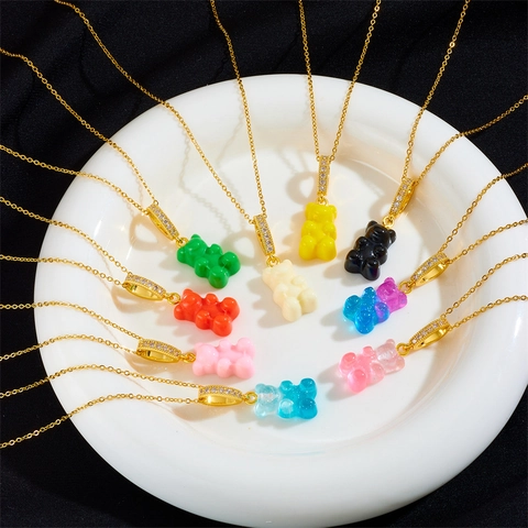 Sweet Multicolor Gummy Bear Pendant Necklace For Women Copper Electroplated Rhinestone Bear Candy Cartoon Fashion Jewelry