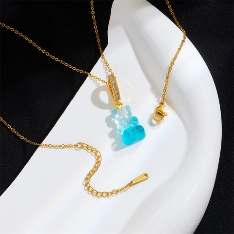 Sweet Multicolor Gummy Bear Pendant Necklace For Women Copper Electroplated Rhinestone Bear Candy Cartoon Fashion Jewelry