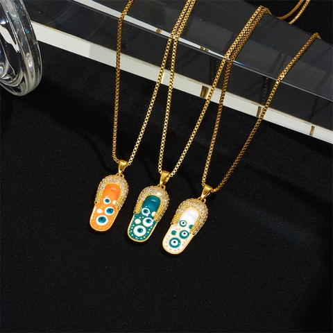 18K Gold Plated Copper Enamel Evil Eye Slipper Pendant Necklace Stainless Steel Box Chain Rhinestone Hip Hop Jewelry For Women