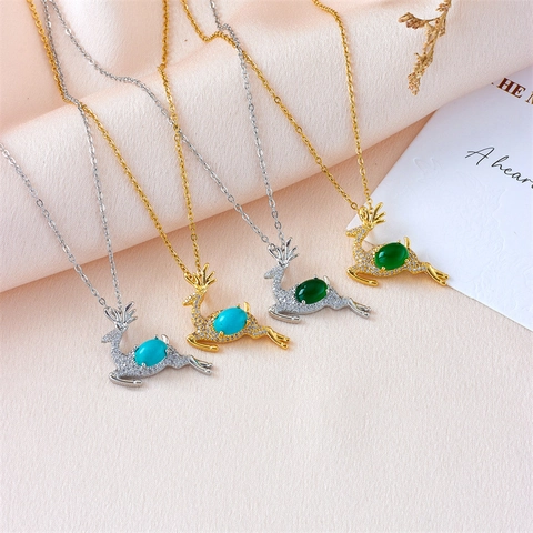 Leichter Luxus Rentier Anhänger Halskette Kupfer Titanstahl Strass Eingelegt Weihnachten Hirsch Schmuck Für Damen Geschenk