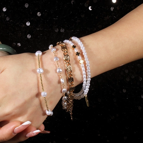Bohemian Alloy Faux Artificial Pearl Bracelet For Women Vintage Gold Plated Heart Cross Letter Charm Adjustable Beaded Bracelet Jewelry Gift