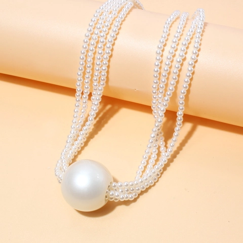 Élégant Collier de Perles Artificielles Multi-couches pour Femmes Vintage Grand Pendentif de Perle Ronde Bijoux de Fête Choker