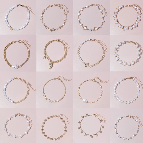 Vintage Gold Plated Alloy Link Chain Bracelet With Faux Artificial Pearls Heart Butterfly Star Charm Adjustable Bracelet For Women