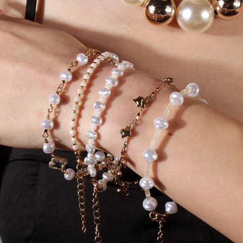 Vintage Gold Plated Alloy Link Chain Bracelet With Faux Artificial Pearls Heart Butterfly Star Charm Adjustable Bracelet For Women