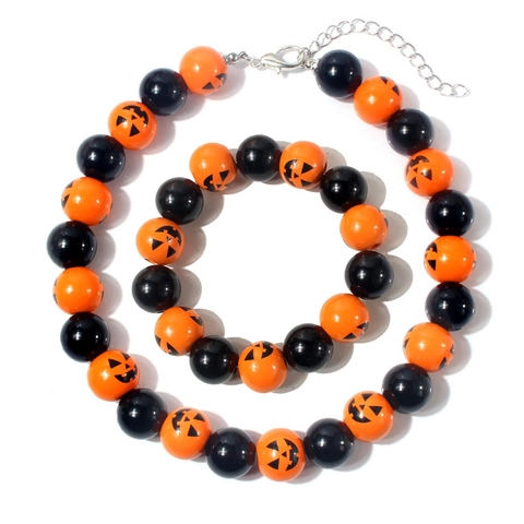 Halloween Wood Beaded Necklace Bracelet Jewelry Set For Women Festive Jack-O-Lantern Pumpkin Pattern Orange Black Bead Chain