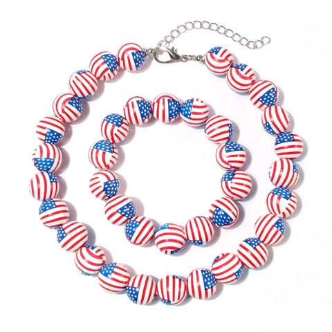 Parure Collier Bracelet en Perles de Bois Drapeau Américain Étoiles et Rayures Bijoux Laqués pour Célébration Patriotique Femme