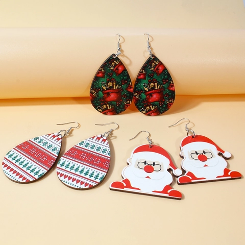Weihnachten Holz Tropfen Ohrringe Für Damen Cartoon Weihnachtsmann Rentier Druck Wassertropfen Haken Ohrringe Party Schmuck