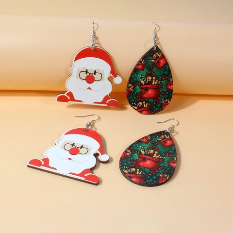 Weihnachten Holz Tropfen Ohrringe Für Damen Cartoon Weihnachtsmann Rentier Druck Wassertropfen Haken Ohrringe Party Schmuck