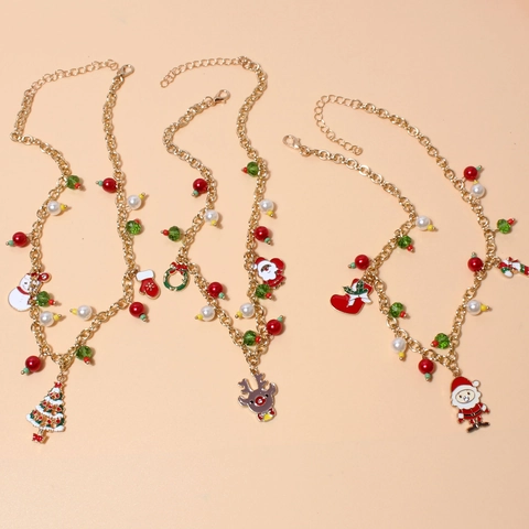 Westerse Mode Kerst Hanger Halsketting Voor Vrouwen Vergulde Legering Met Imitatie Kunstparel Emaille Kerstman Eland Feestelijke Sieraden