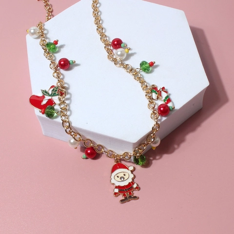 Westerse Mode Kerst Hanger Halsketting Voor Vrouwen Vergulde Legering Met Imitatie Kunstparel Emaille Kerstman Eland Feestelijke Sieraden