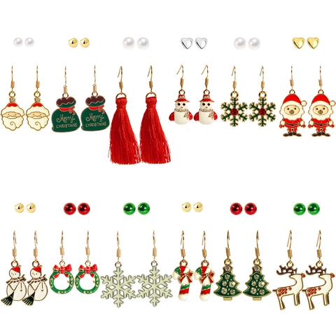 Alloy Enamel Christmas Earring Set For Women Santa Claus Reindeer Snowman Snowflake Tree Drop Stud Earrings Jewelry Gift