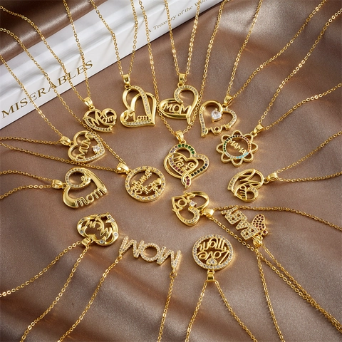 Mode Collier Pendentif Cœur en Cuivre Strass pour Femmes Mom Mama Baby Lettre Plaqué Or Choker Bijoux Cadeau Fête des Mères