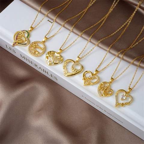 Mode Collier Pendentif Cœur en Cuivre Strass pour Femmes Mom Mama Baby Lettre Plaqué Or Choker Bijoux Cadeau Fête des Mères