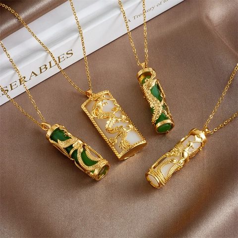 Collana con Ciondolo Dragone e Fenice in Stile Cinese Vintage Rame Placcato Oro Giada Artificiale Cilindro Rettangolo Gioielli Donna
