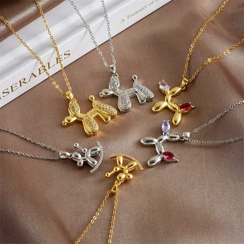 Fashion Balloon Dog Pendant Necklace Copper Titanium Steel Gold Silver Plated Rhinestone Artificial Gemstone Jewelry For Women