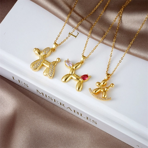 Fashion Balloon Dog Pendant Necklace Copper Titanium Steel Gold Silver Plated Rhinestone Artificial Gemstone Jewelry For Women
