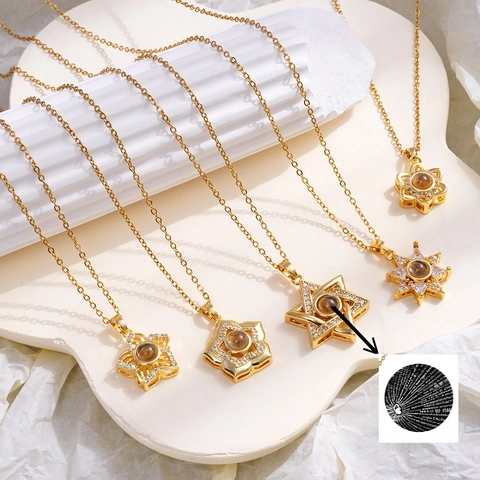 100 Languages I Love You Projection Necklace For Women Gold Rhinestone Star Flower Heart Pendant Copper Jewelry