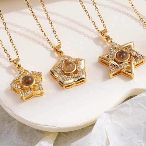 100 Languages I Love You Projection Necklace For Women Gold Rhinestone Star Flower Heart Pendant Copper Jewelry