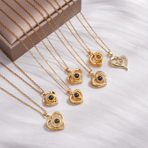 Luxury Gold Plated Copper Heart Projection Necklace With Zirconia 100 Languages I Love You Pendant Necklace Women Jewelry