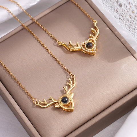Luxury Gold Plated Copper Antler Projection Necklace 100 Languages I Love You Heart Deer Horn Zirconia Pendant Necklace For Women