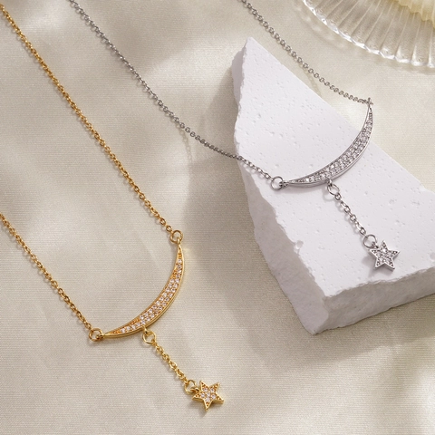 Gold Silver Plated Copper Moon Star Pendant Necklace Micro Inlaid Zirconia Tassel Fine Chain Fashion Jewelry For Women Personalized Accessory